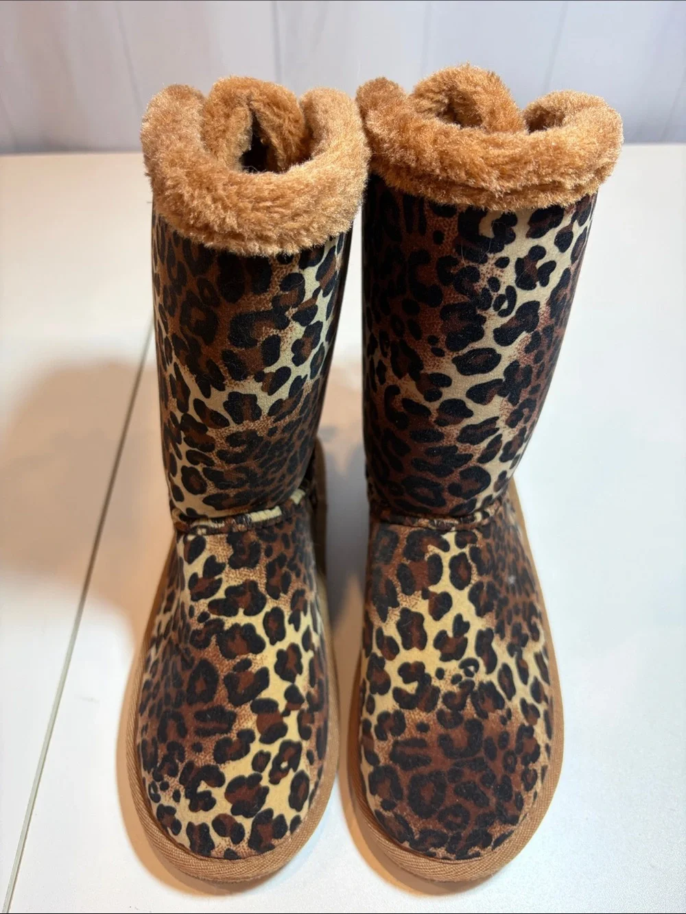 Link Girls Leopard Print Faux Fur Bow Boots Size 3 Y2K